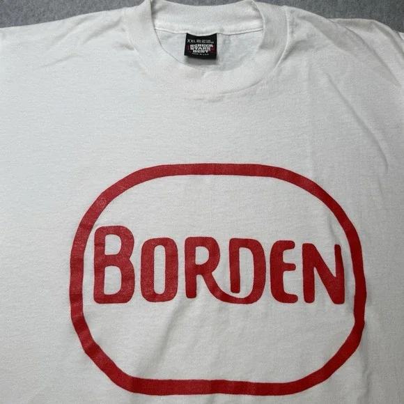 Vintage 90s Borden Logo Single Stitch T-Shirt XXL White Red Made USA - Picture 2 of 8